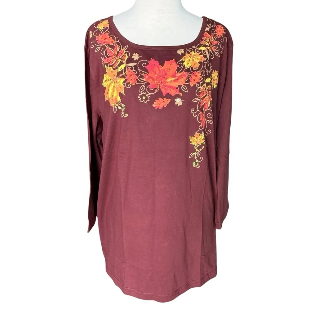 Collections ETC Women's X-Large Burgundy Autumn Leaves & Sequins 3/4 Sleeve Top